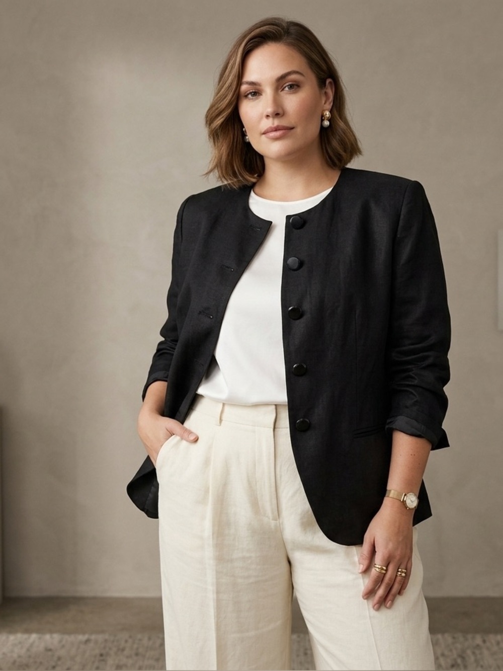 Dana Brooke Vintage Black 100% Linen Collarless Blazer Jacket Size 14 NWOT